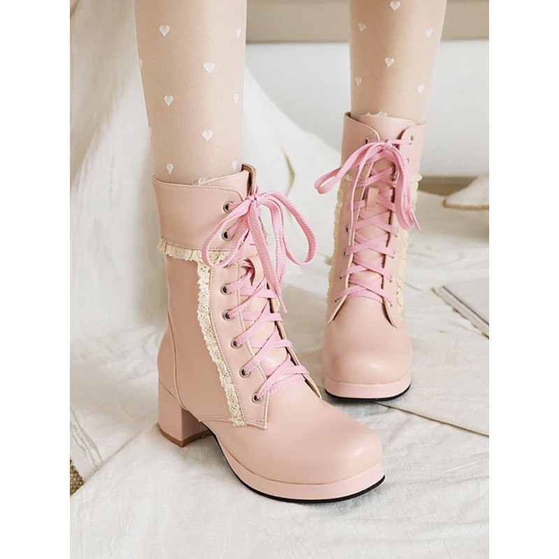 Lolita Boots Pink PU Leather Round Toe Chunky Heel Lolita Ankle Sweet Booties Footwear