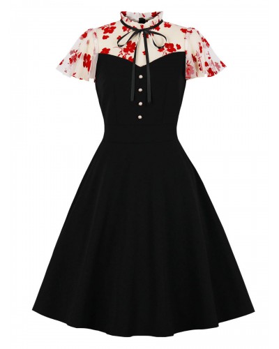 Women 1950s Audrey Hepburn Style Dress High Collar Short Sleeves Medium Printed Black Rockabilly Dress Vintage Daily Casual