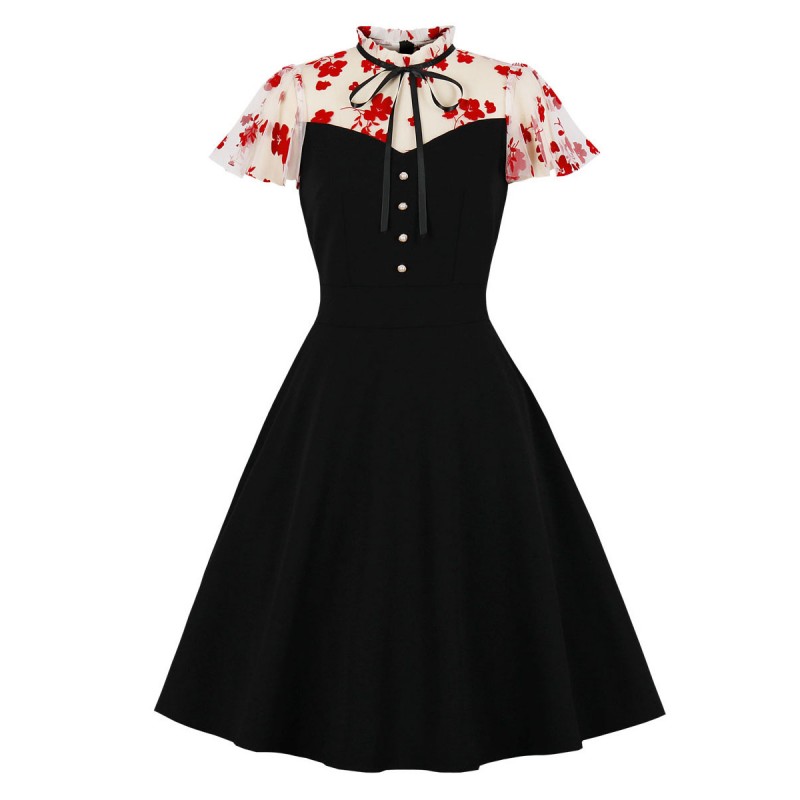 Women 1950s Audrey Hepburn Style Dress High Collar Short Sleeves Medium Printed Black Rockabilly Dress Vintage Daily Casual