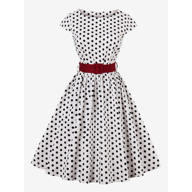 Women Vintage Dress Plus Size Polka Dot Cap Sleeve Cotton White Swing Dress With Belt Night Out Party