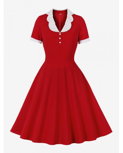 Dress 1950s Audrey Hepburn Style Red Two-Tone Women Short Sleeves Rockabilly Dress Bodycon Retro Summer