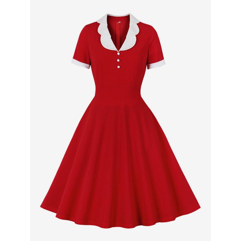 Dress 1950s Audrey Hepburn Style Red Two-Tone Women Short Sleeves Rockabilly Dress Bodycon Retro Summer