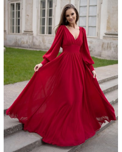 Women Party Dresses Burgundy V-Neck Pleated Long Sleeves Semi Formal Dress Sexy Elegant Fall Winter