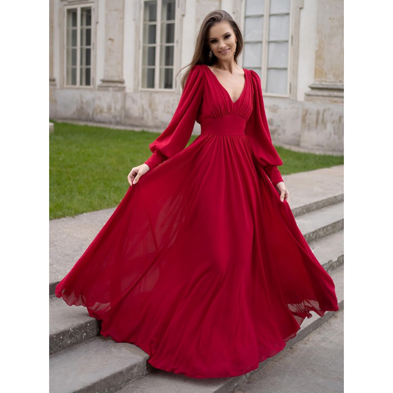 Women Party Dresses Burgundy V-Neck Pleated Long Sleeves Semi Formal Dress Sexy Elegant Fall Winter