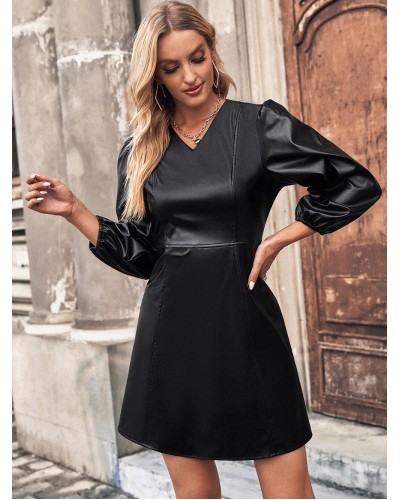 Dresses V-Neck Long Sleeves PU Leather Short Dress For Women Mini Spring Fall