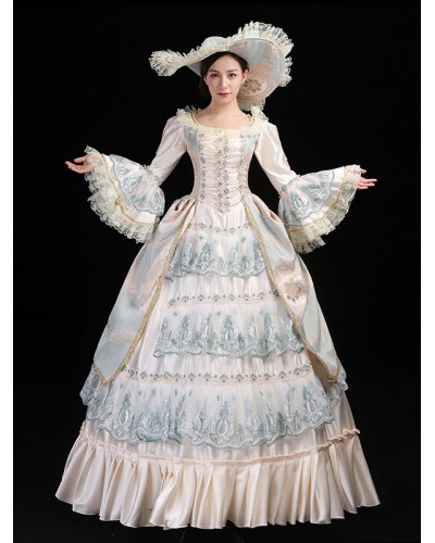 Women Light Green Retro Costumes Lace Marie Antoinette Costume Polyester Floral Print Hat 's Clothing Tunic Vintage Euro-Style