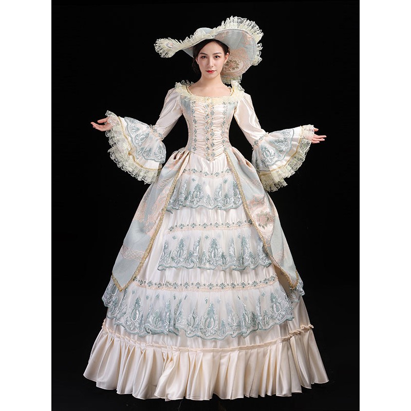 Women Light Green Retro Costumes Lace Marie Antoinette Costume Polyester Floral Print Hat 's Clothing Tunic Vintage Euro-Style