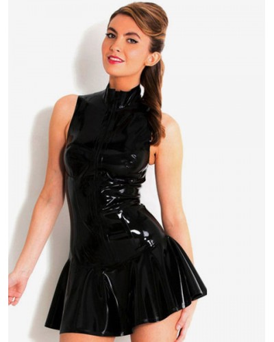 Black Patent Leather Dress Sleeveless Shiny Metallic Dress