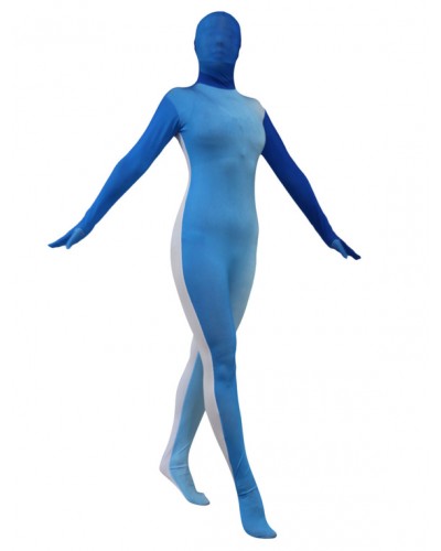 Women Blue Split Color Zentai Suit Full Body Lycra Spandex Bodysuit For Leotard