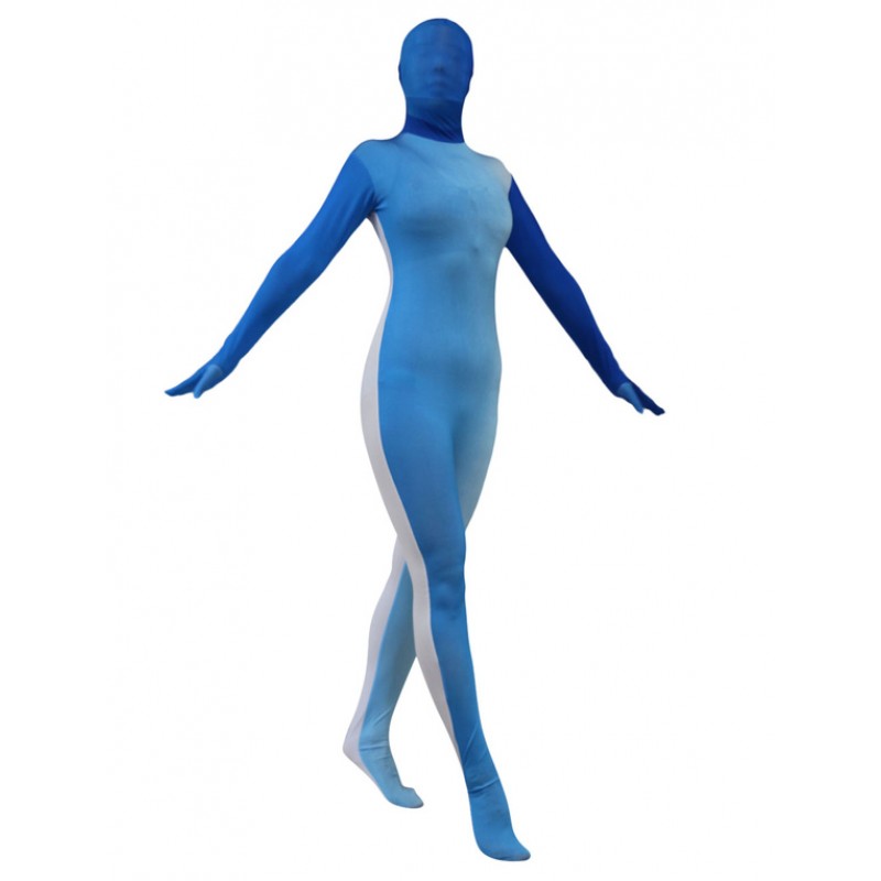 Women Blue Split Color Zentai Suit Full Body Lycra Spandex Bodysuit For Leotard