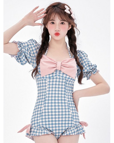 Lolita Outfits Light Sky Blue Plaid Bows Ruffles Short Sleeves Jumpsuit Sweet