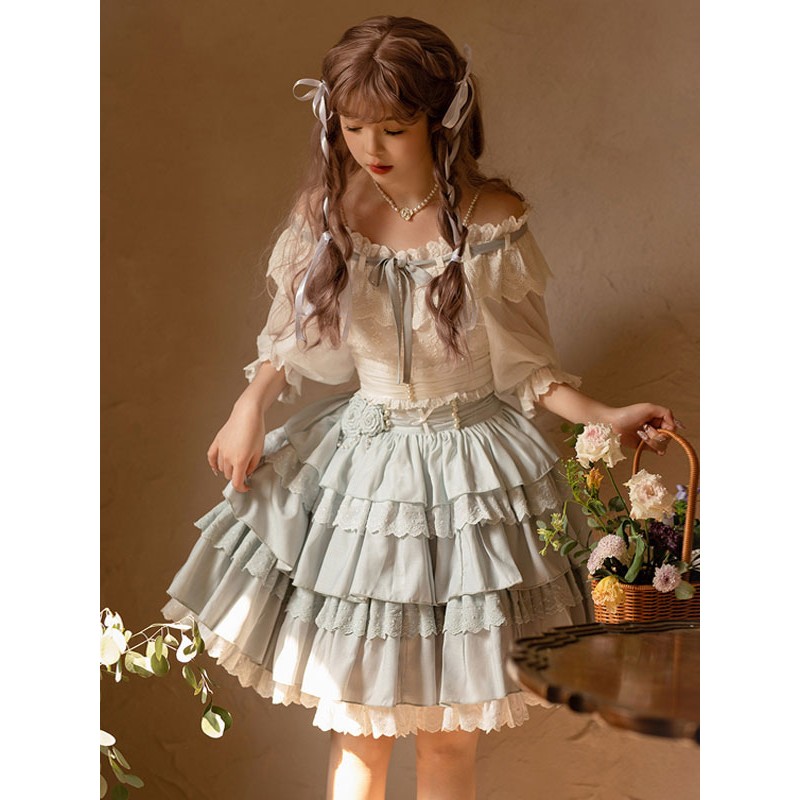 Lolita Outfits Light Sky Blue Ruffles Lace Short Sleeves Top Skirt Academic