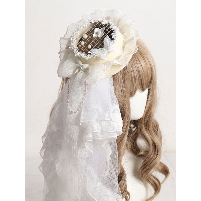 Butterfly Lolita Hat Accessory Polyester Ecru White Lolita Accessories