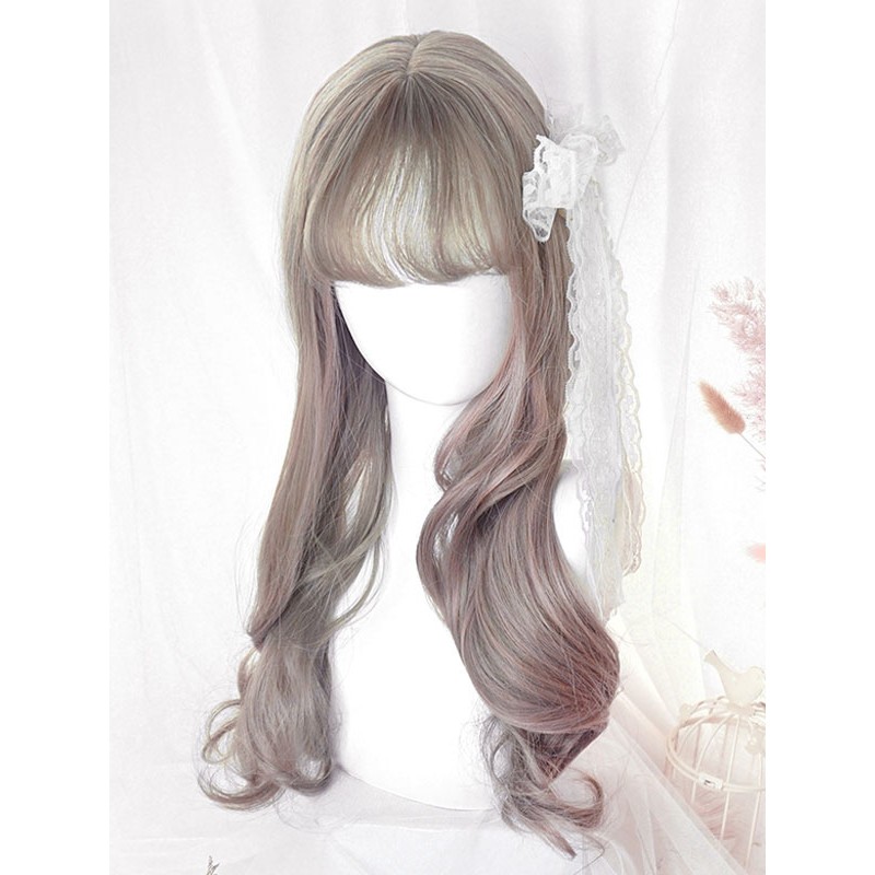 Lolita Long Wig Highlighting Light Gray Blunt Bang Lolita Hair Wigs Daily Casual