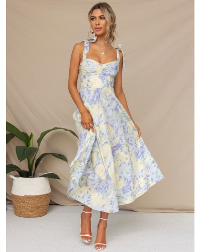 Print Midi Dress Floral Sleeveless Sweetheart Neck Casual Lace Up Backless Dresses Summer Beach Resort Wear