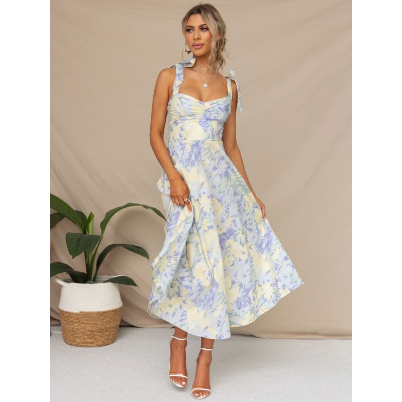 Print Midi Dress Floral Sleeveless Sweetheart Neck Casual Lace Up Backless Dresses Summer Beach Resort Wear