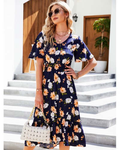 Women Dress Light Sky Blue Floral Print Beach Dress Summer