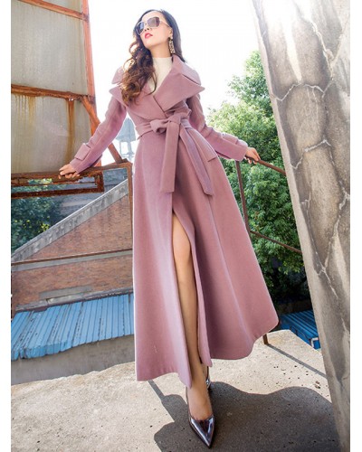 Woman Coat Turndown Collar Sash Cameo Pink Woolen Coat Casual