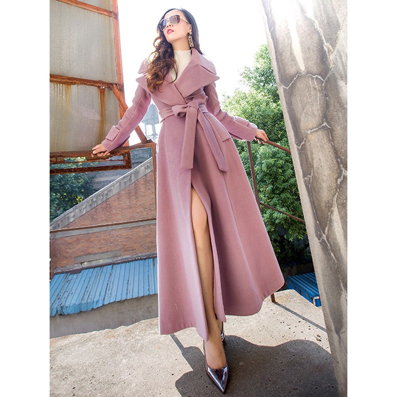 Woman Coat Turndown Collar Sash Cameo Pink Woolen Coat Casual