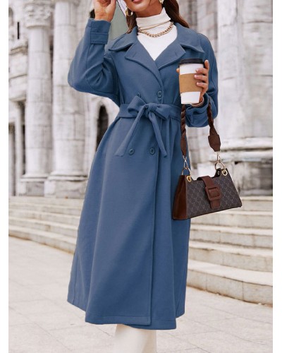 Coat For Woman Blue V-Neck Long Sleeves Sash Wrap Coat Classic  Traditional Casual