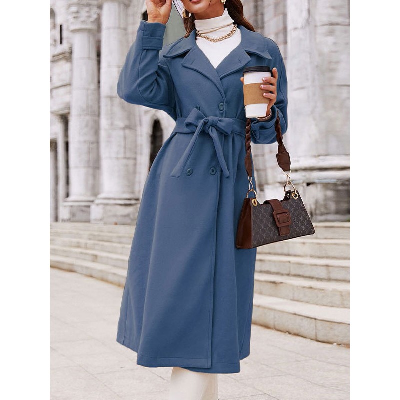 Coat For Woman Blue V-Neck Long Sleeves Sash Wrap Coat Classic  Traditional Casual