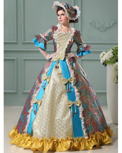 Victorian Dress Costume Women's Floral Rococo Ball Gown Blue Women's Ruffle Bows Jacquard Maxi Royal Vintage Costume Outfits ROCOCO Halloween Holiday Pageant