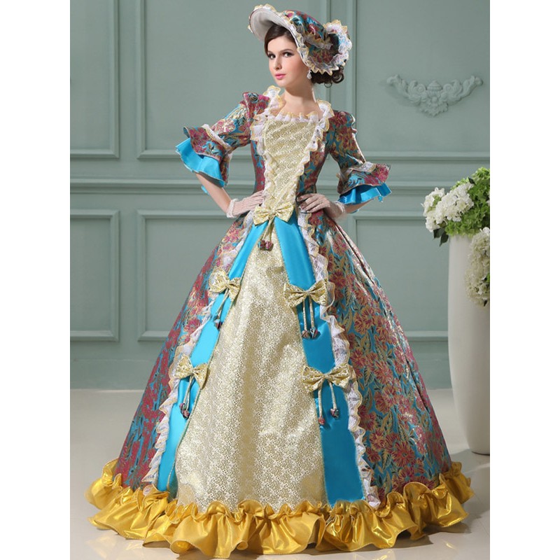 Victorian Dress Costume Women's Floral Rococo Ball Gown Blue Women's Ruffle Bows Jacquard Maxi Royal Vintage Costume Outfits ROCOCO Halloween Holiday Pageant