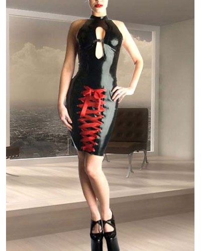 Women Black Latex Sleeveless Front Lace Catwoman Tie Dress