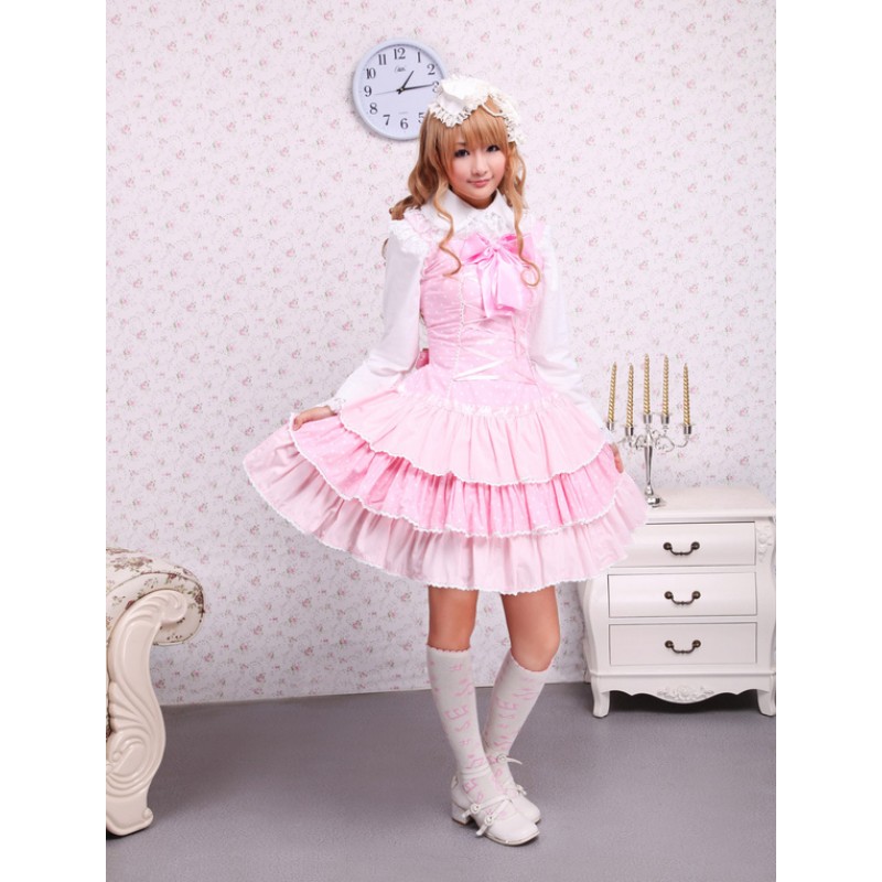 Cotton Pink Lace Front Ties Bow Lolita Dress Sweet Spring Tea Party