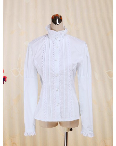 White Cotton Lolita Blouse Long Sleeves Stand Collar Lace Trim Ruffles