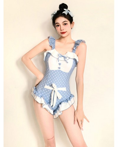 Lolita Swimsuit Light Sky Blue Bows Ruffles Polka Dot Sleeveless Jumpsuit Sweet