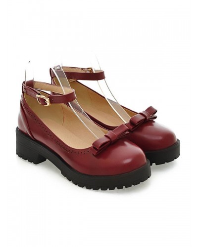 Lolita Shoes Burgundy Bows Round Toe Leather Ankle Strap Lolita Pump Shoes Academic Daily Casual