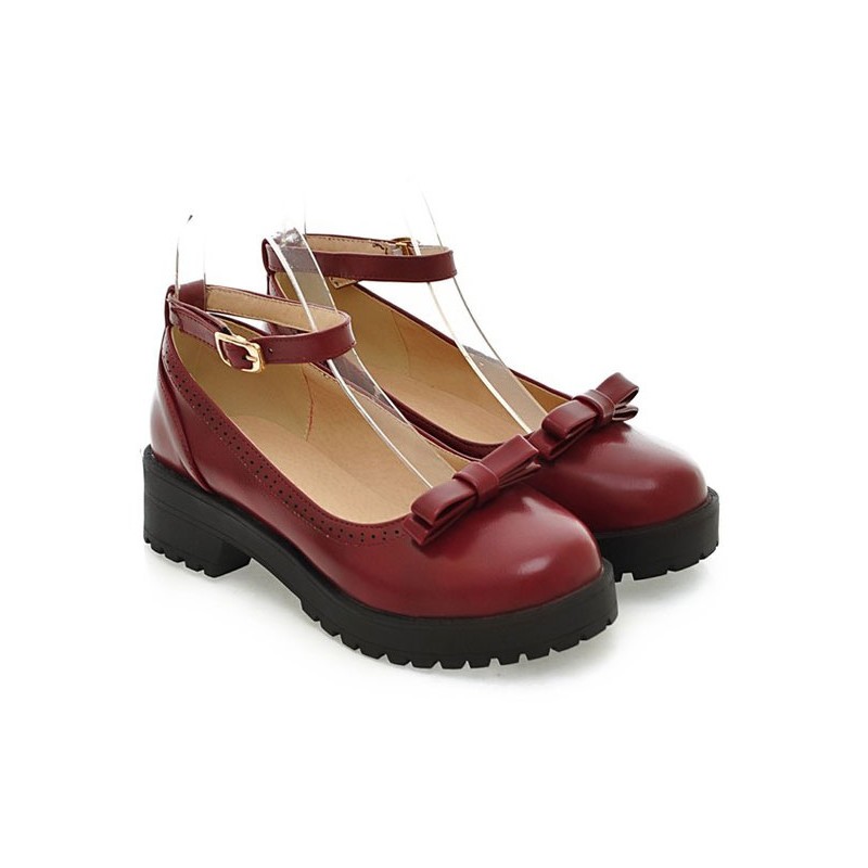 Lolita Shoes Burgundy Bows Round Toe Leather Ankle Strap Lolita Pump Shoes Academic Daily Casual