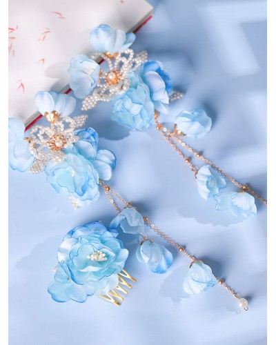 Chinese Style Lolita Accessories Light Sky Blue Flowers Pearls Headwear Metal Miscellaneous Chinese Style