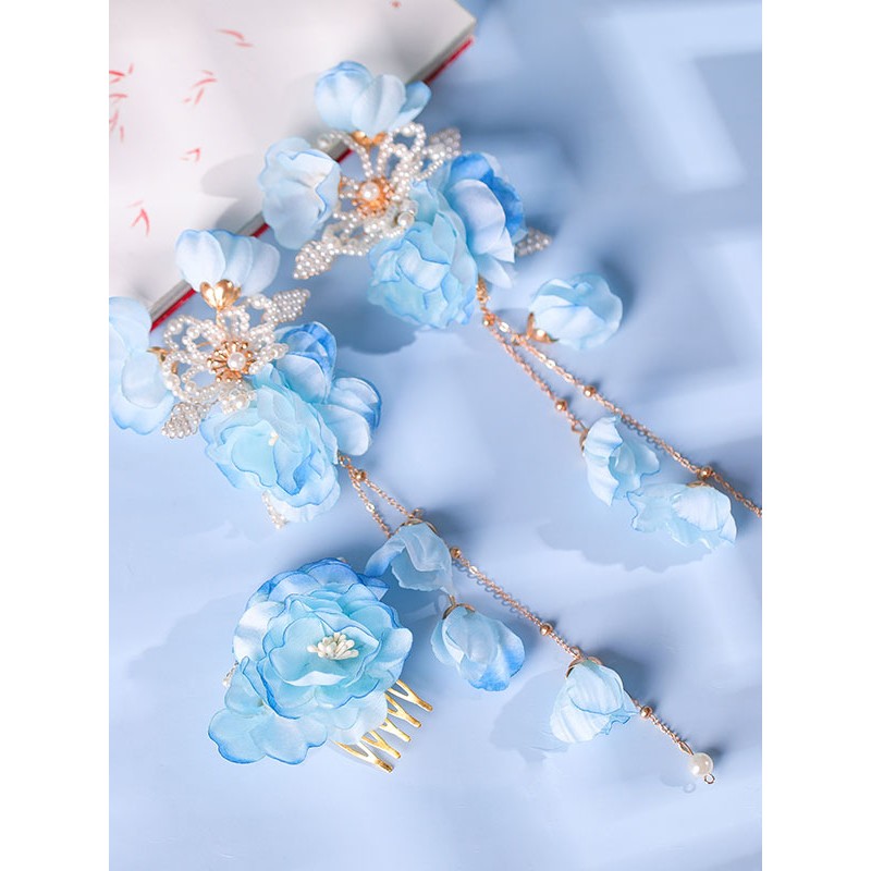 Chinese Style Lolita Accessories Light Sky Blue Flowers Pearls Headwear Metal Miscellaneous Chinese Style