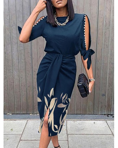 Women Bodycon Dresses Dark Navy Floral Print Half Sleeves Sexy Jewel Neck Open Shoulder Slim Fit Dress Sheath Dress Summer