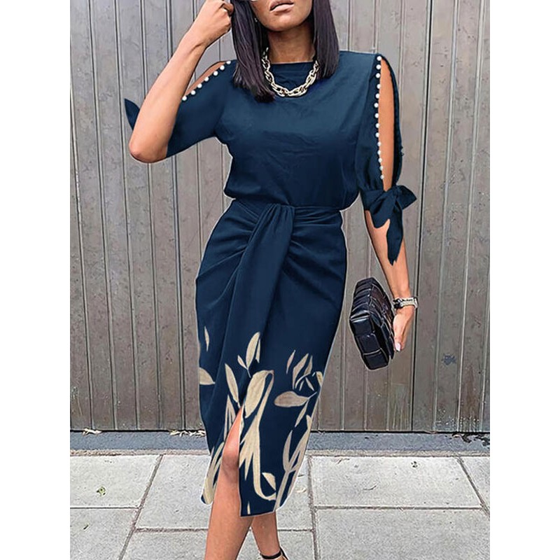 Women Bodycon Dresses Dark Navy Floral Print Half Sleeves Sexy Jewel Neck Open Shoulder Slim Fit Dress Sheath Dress Summer