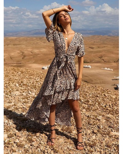 Leopard Plunging Maxi Dress Short Sleeve Knotted Ruffles Layered Long Dress Summer Resort Wear