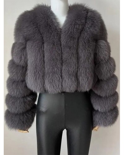 Faux Fur Coats Gray Raised Waist Long Sleeves Front Button Women Coat Faux Fur Jacket Fall Winter