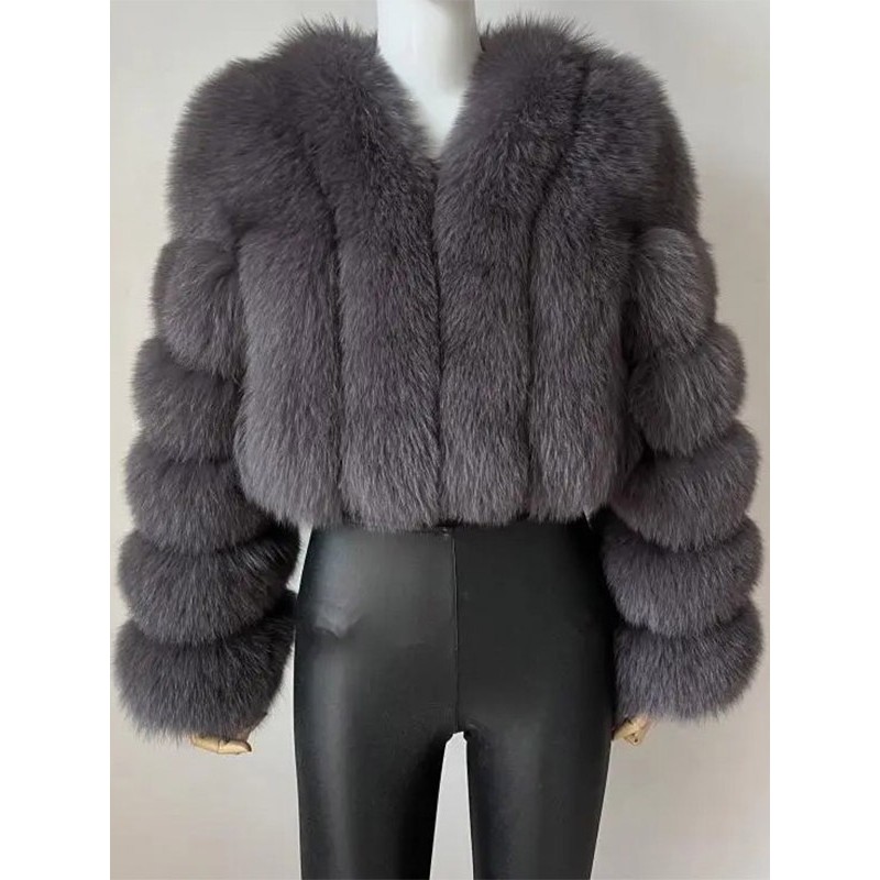 Faux Fur Coats Gray Raised Waist Long Sleeves Front Button Women Coat Faux Fur Jacket Fall Winter