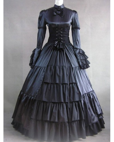 Women Victorian Dress Costume 's Black Satin Ruffle Long Sleeves Outfits Retro Costumes Halloween Victorian Era