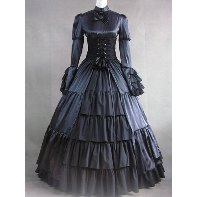 Women Victorian Dress Costume 's Black Satin Ruffle Long Sleeves Outfits Retro Costumes Halloween Victorian Era