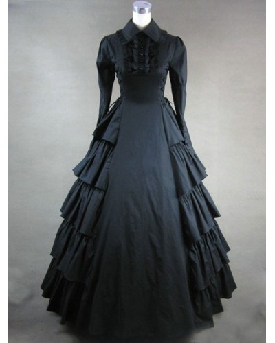 Women Victorian Dress Costume 's Black Long Sleeves Lapel Ruffles Ball Gown Victorian Era Clothing Retro Dress Costume Halloween Victorian Era