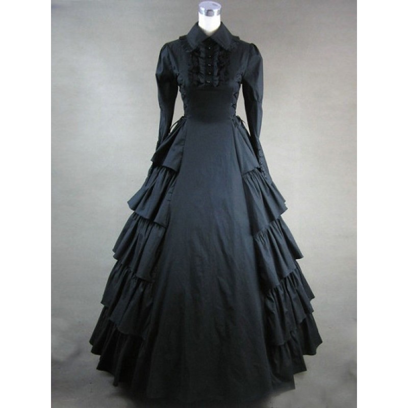 Women Victorian Dress Costume 's Black Long Sleeves Lapel Ruffles Ball Gown Victorian Era Clothing Retro Dress Costume Halloween Victorian Era