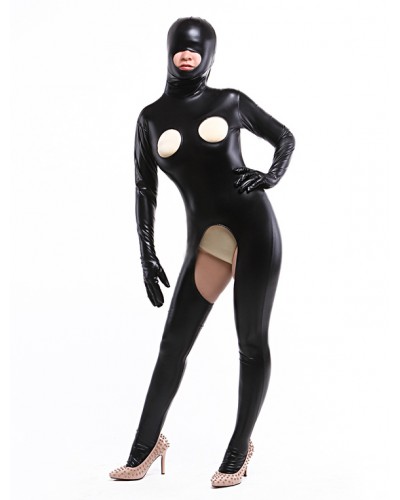 Morph Suit Black Crotchless Shiny Metallic Hollow Out Catsuit Bodysuit