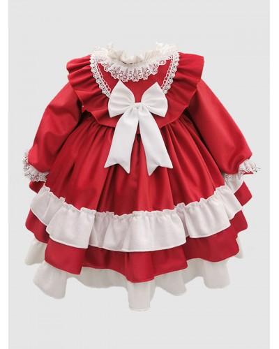 Polyester Daily Casual Bows Long Sleeves Velour Fall Dress ROCOCO Style Red Kids' Lolita Dresses