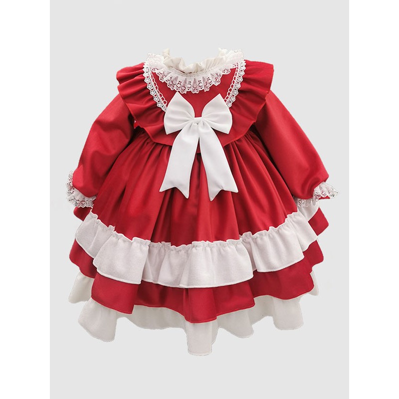 Polyester Daily Casual Bows Long Sleeves Velour Fall Dress ROCOCO Style Red Kids' Lolita Dresses