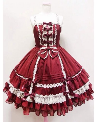 Rococo Lolita Dress JSK Lace Trim Ruffles Pleated Bow Lolita Jumper Skirt 