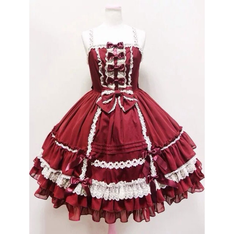 Rococo Lolita Dress JSK Lace Trim Ruffles Pleated Bow Lolita Jumper Skirt 