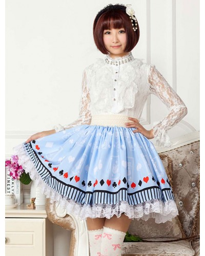 Light Blue Lace Printed Polyester Lolita Skirt For Girls Spring Daily Casual